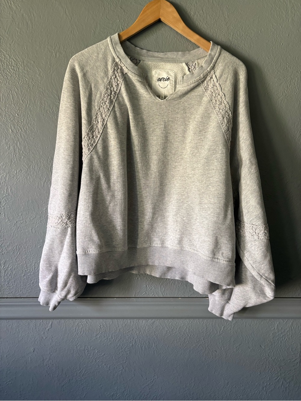 Aerie Crochet Detail Sweatshirt Heather Gray Size L
